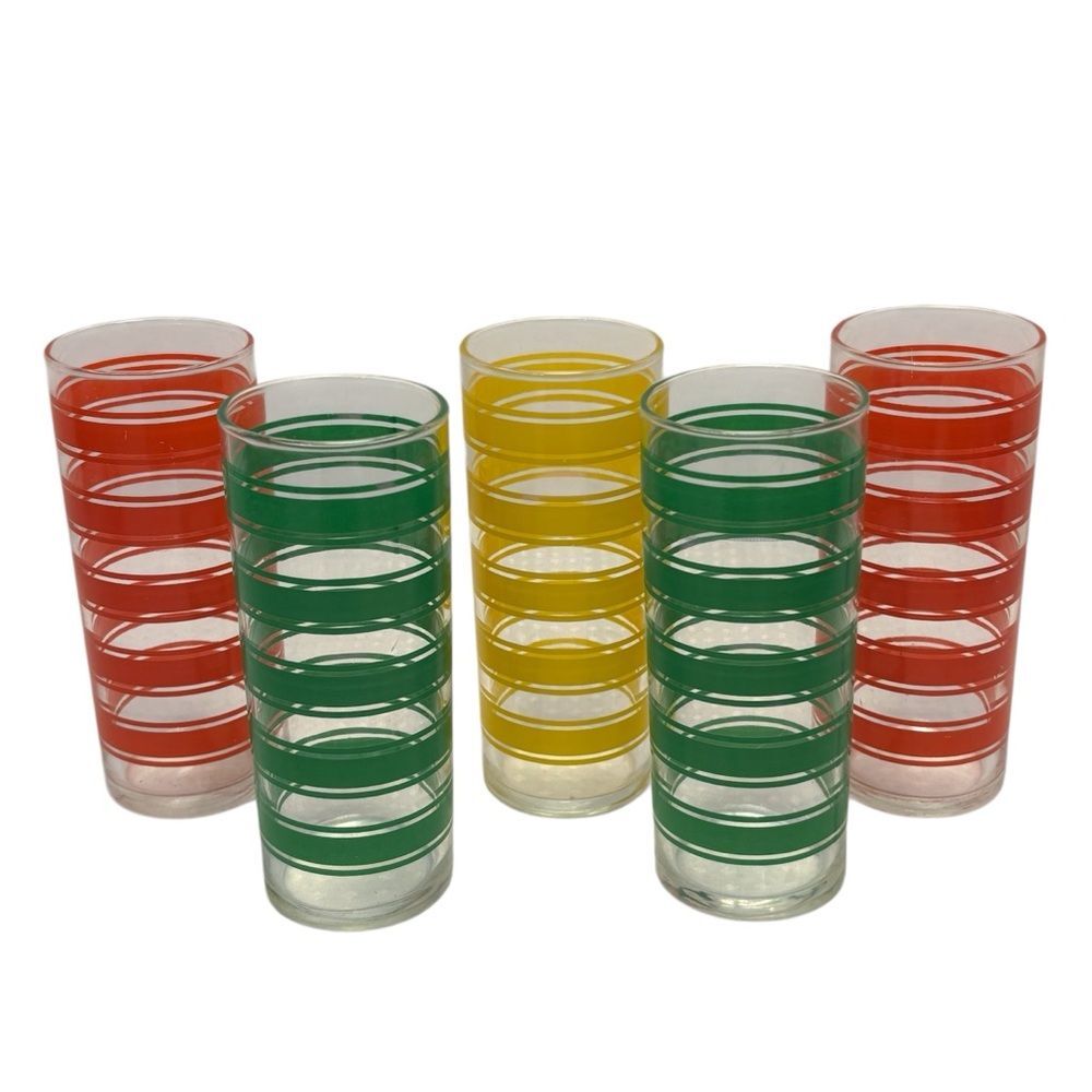 Libbey MCM Colorful Stripe Tom Collins Highball Glass Red Green Yellow Set of 5